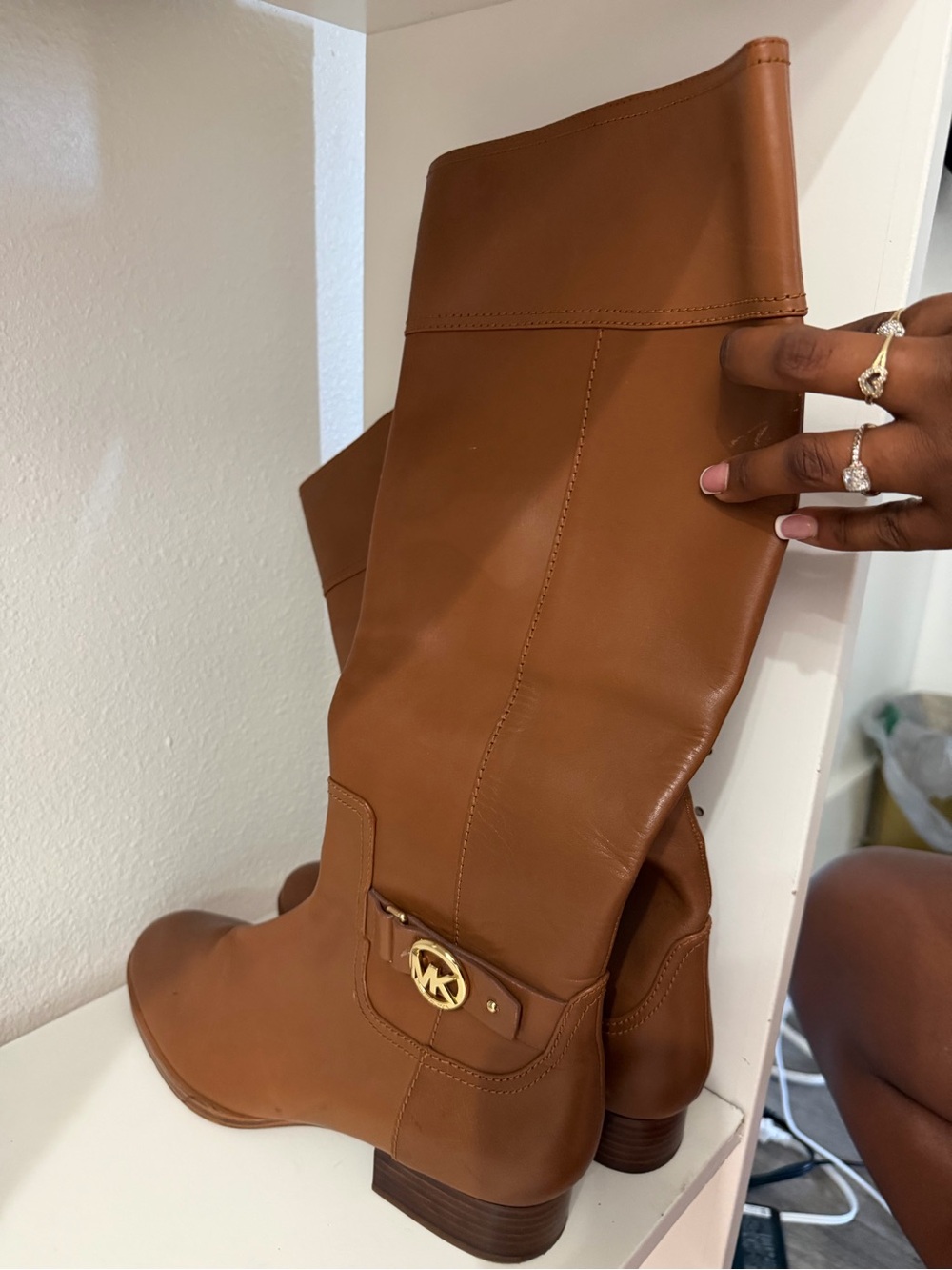 Michael Kors Chestnut Leather Mid-Calf Boots with Gold MK Accent